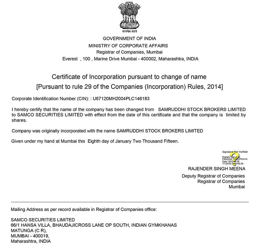 samco certificate of incorporation