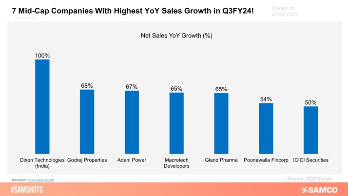 The below chart shows the 7 mid-cap companies with the highest YoY Sales Growth in Q3FY24.