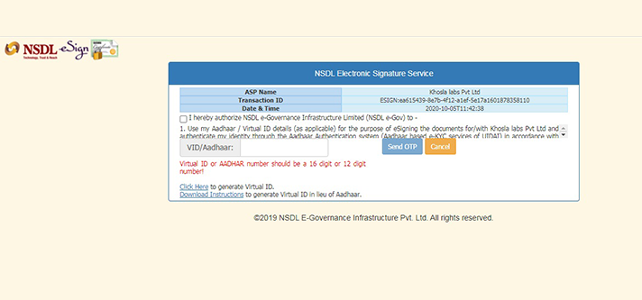 enter your aadhar number and tick mark the checkbox for “ I hereby authorize NSDL e-Governance Infrastructure Limited (NSDL e-Gov)” and click on send OTP