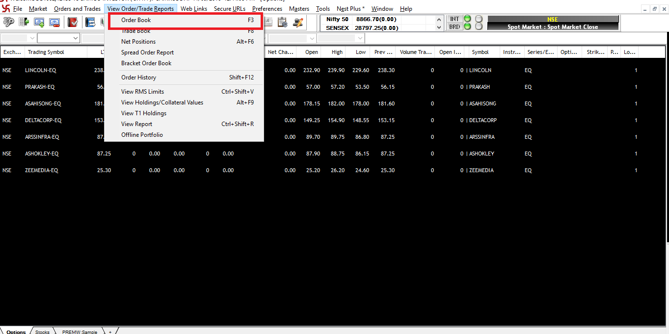 Accessing Pending Order / Open Orders Window Via the View Trade/Order Menu - SAMCO NEST Trader - Short Cut Key F3