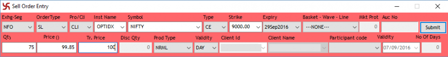 Example of a Stop Loss Limit order with Trigger price and Limit Price