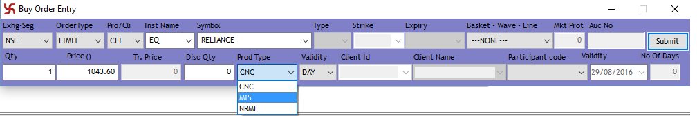 NRML Product Type in Samco NEST Trader