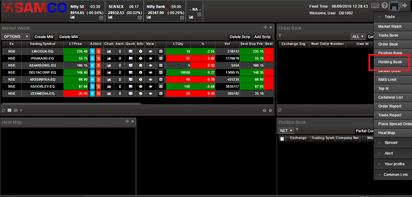Selecting the Holdings option in the SAMCO Web Xpress Menu
