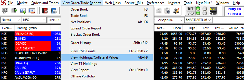 View Collateral Holdings in SAMCO NEST Trader