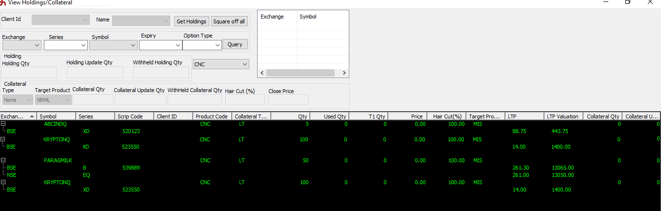 Collateral quantity in SAMCO NEST Trader