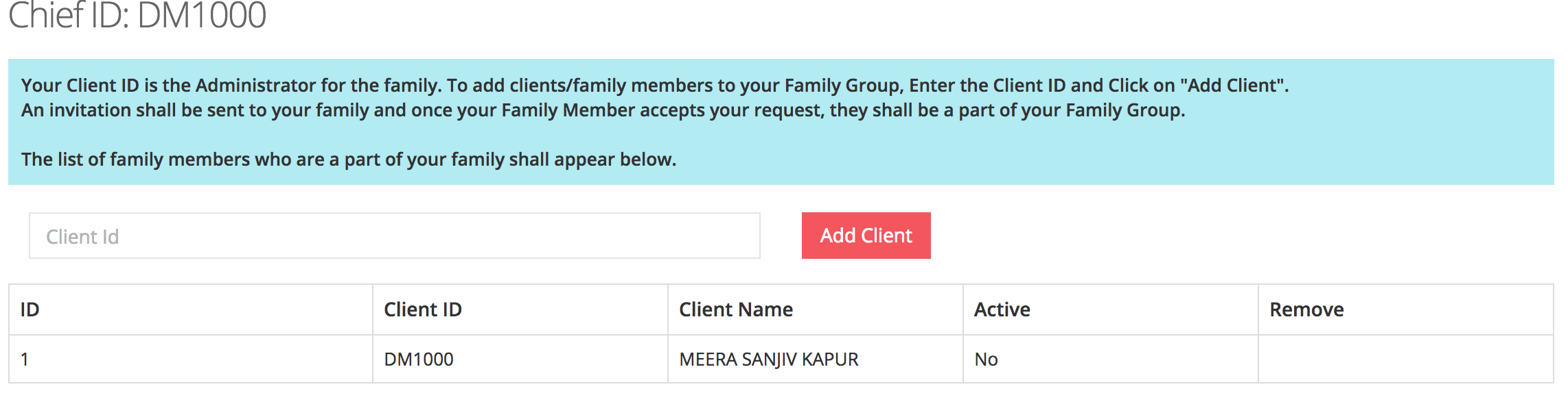 Add Client in Family Admin