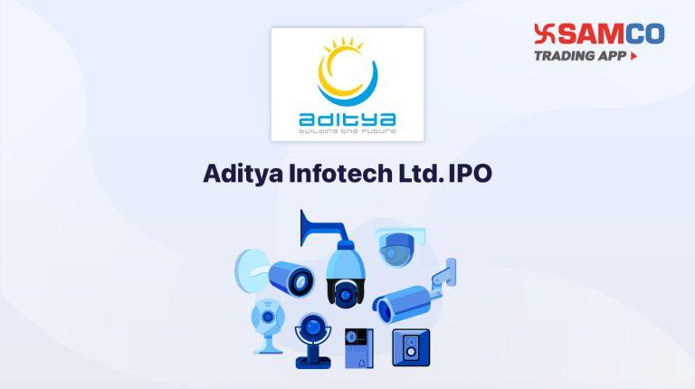Aditya Infotech IPO announcement banner, featuring the company logo, company name, and a design vector.