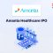 Amanta Healthcare IPO announcement banner, featuring the company logo, company name, and a design vector.