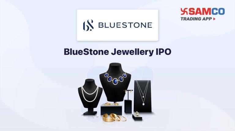 BlueStone Jewellery IPO announcement banner, featuring the company logo, company name, and a design vector.