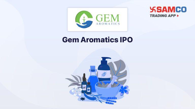 Gem Aromatics IPO announcement banner, featuring the company logo, company name, and a design vector.