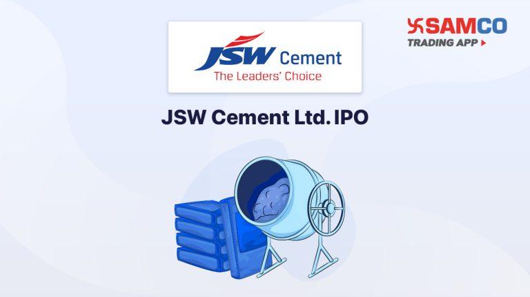 JSW Cement IPO announcement banner, featuring the company logo, company name, and a design vector.