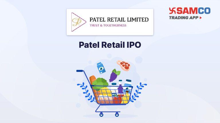 Patel Retail IPO announcement banner, featuring the company logo, company name, and a design vector.