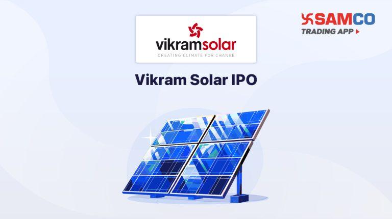 Vikram Solar IPO announcement banner, featuring the company logo, company name, and a design vector.