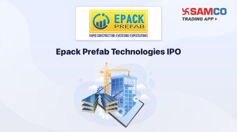 Epack Prefab Technologies IPO announcement banner, featuring the company logo, company name, and a design vector.