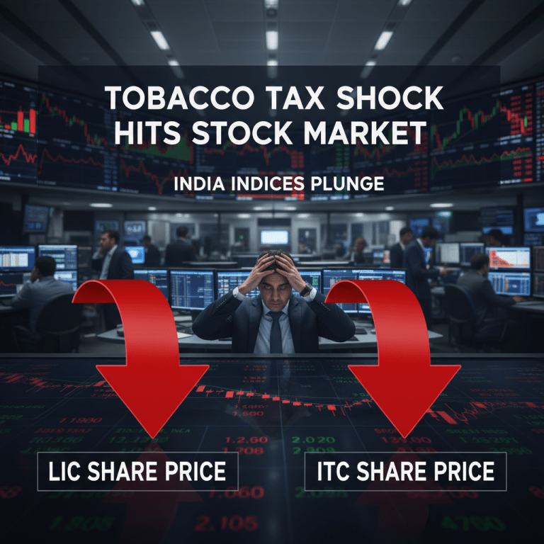 LIC and ITC Share Price Slide Deepens as Tobacco Tax Shock Hits Stock Market Today