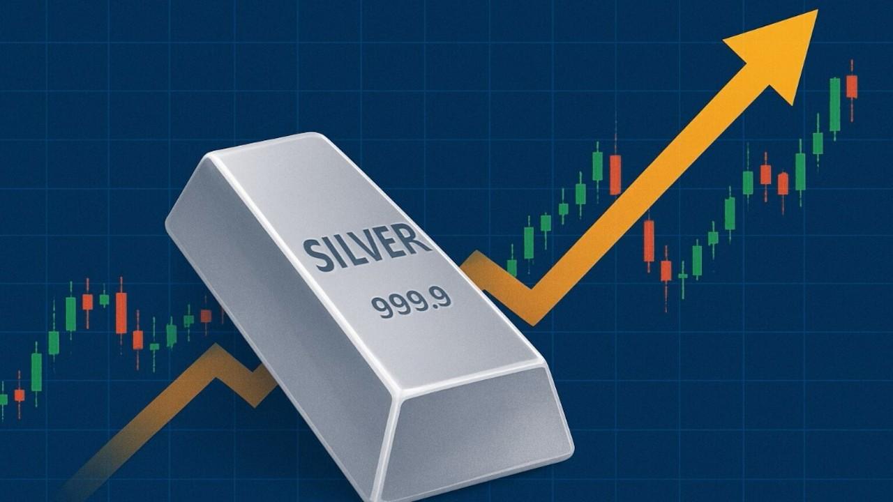 Silver price trends 2026 showing stacked physical silver bars with price chart and upward arrow indicating market analysis and investment opportunity