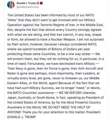 Screenshot of a post by Donald J. Trump criticizing NATO allies for not supporting a U.S. operation against Iran and asserting U.S. independence.