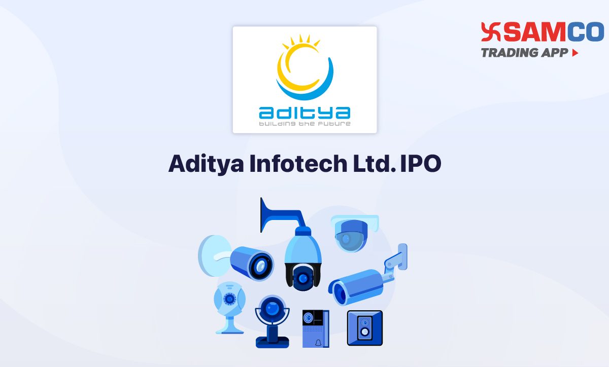 Aditya Infotech IPO announcement banner, featuring the company logo, company name, and a design vector.