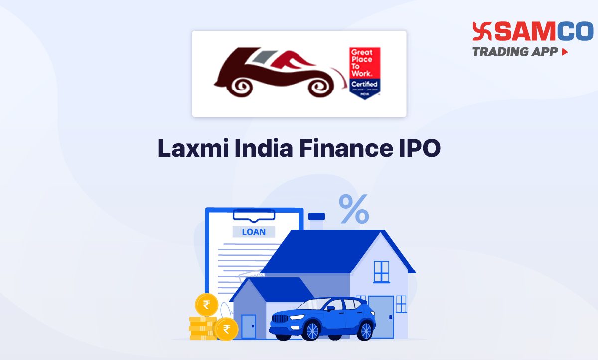 Laxmi India Finance IPO announcement banner, featuring the company logo, company name, and a design vector.