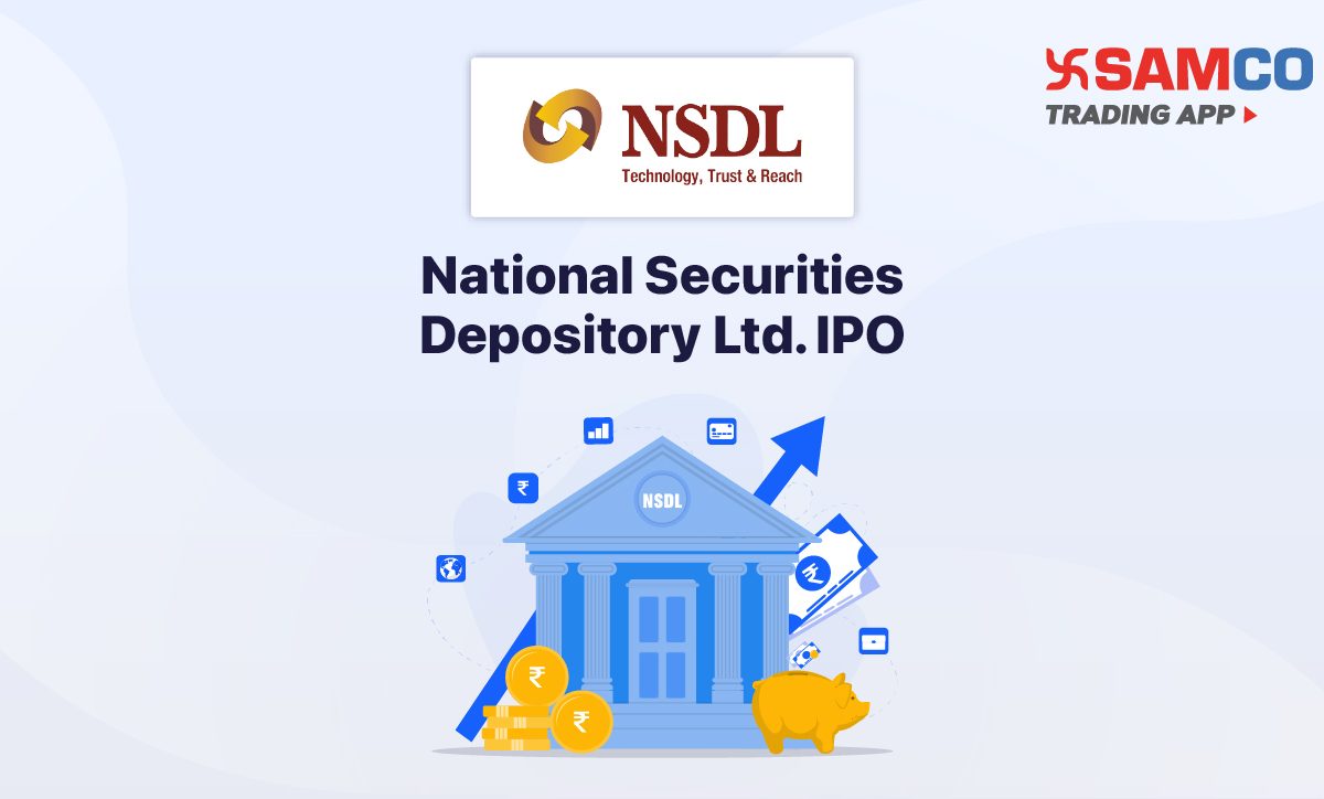 NSDL IPO announcement banner, featuring the company logo, company name, and a design vector.