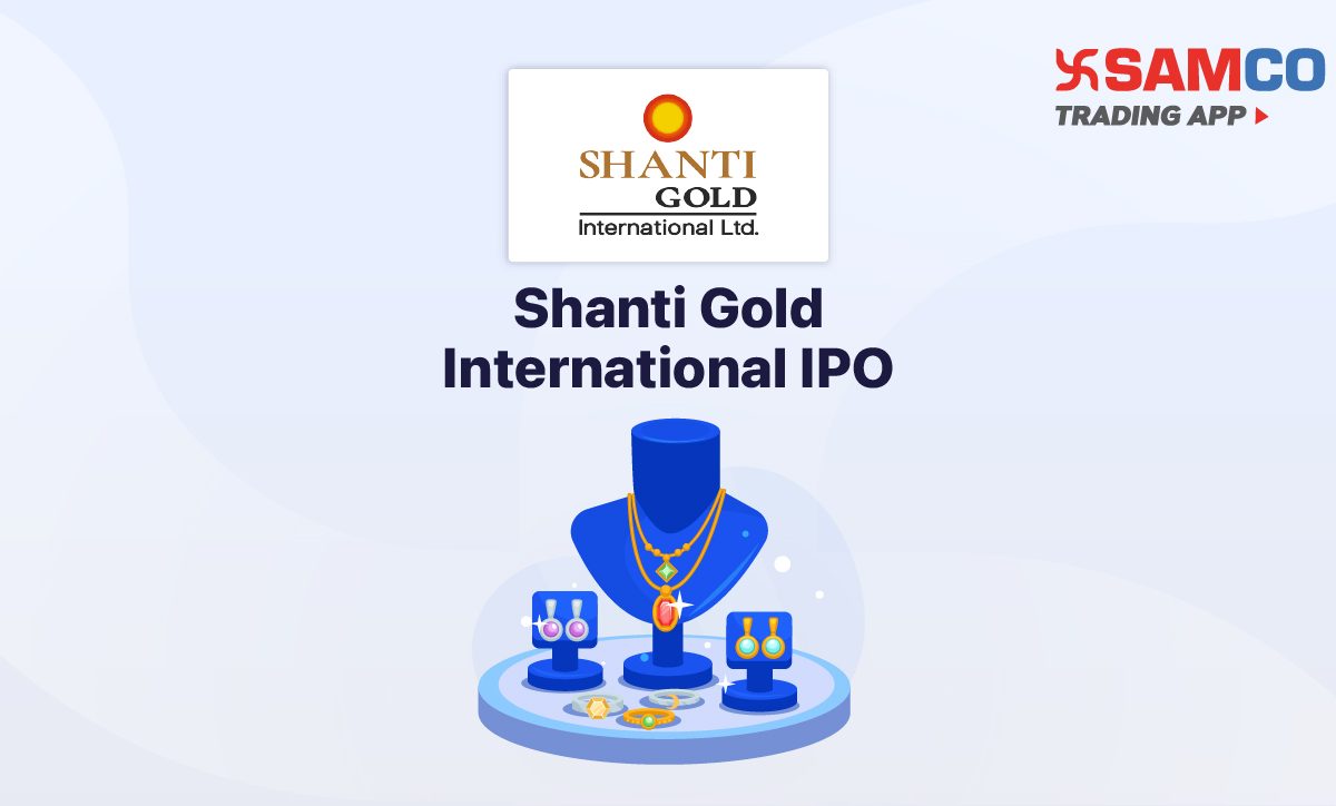 Shanti Gold International IPO announcement banner, featuring the company logo and a design vector.