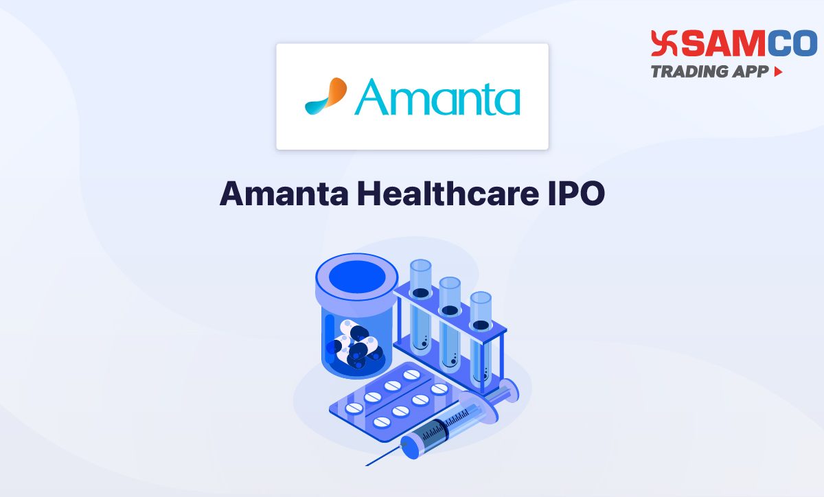 Amanta Healthcare IPO announcement banner, featuring the company logo, company name, and a design vector.