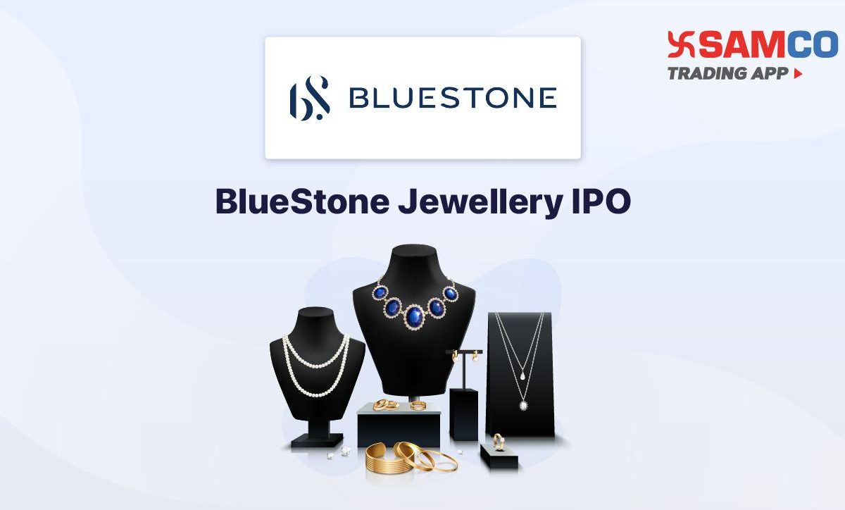 BlueStone Jewellery IPO announcement banner, featuring the company logo, company name, and a design vector.