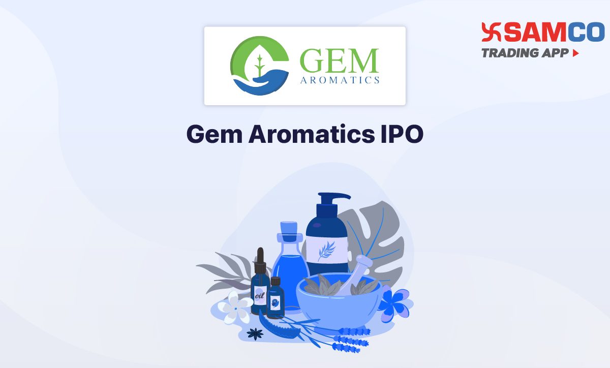 Gem Aromatics IPO announcement banner, featuring the company logo, company name, and a design vector.