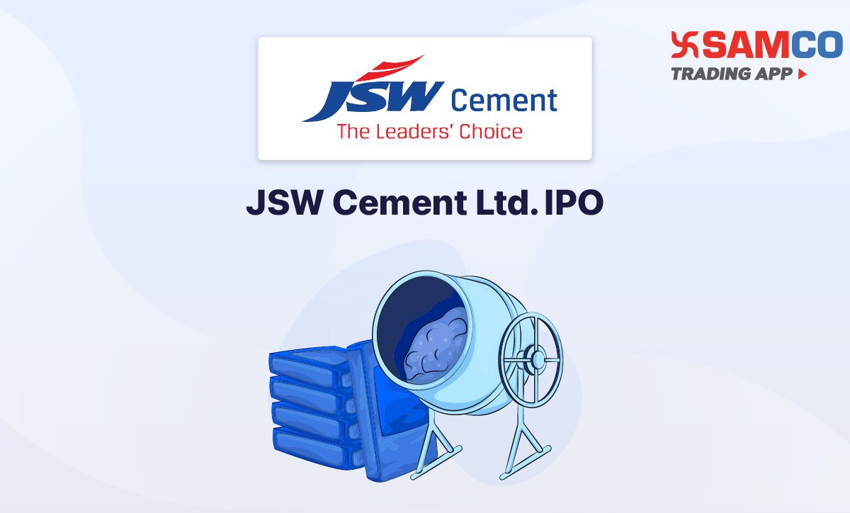 JSW Cement IPO announcement banner, featuring the company logo, company name, and a design vector.