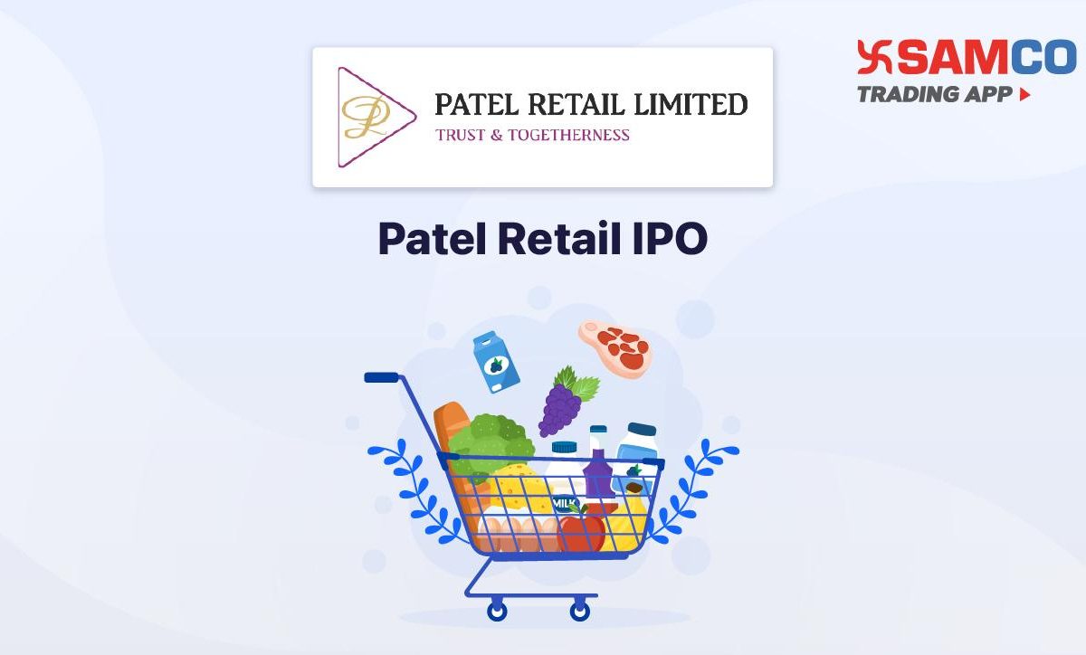 Patel Retail IPO announcement banner, featuring the company logo, company name, and a design vector.