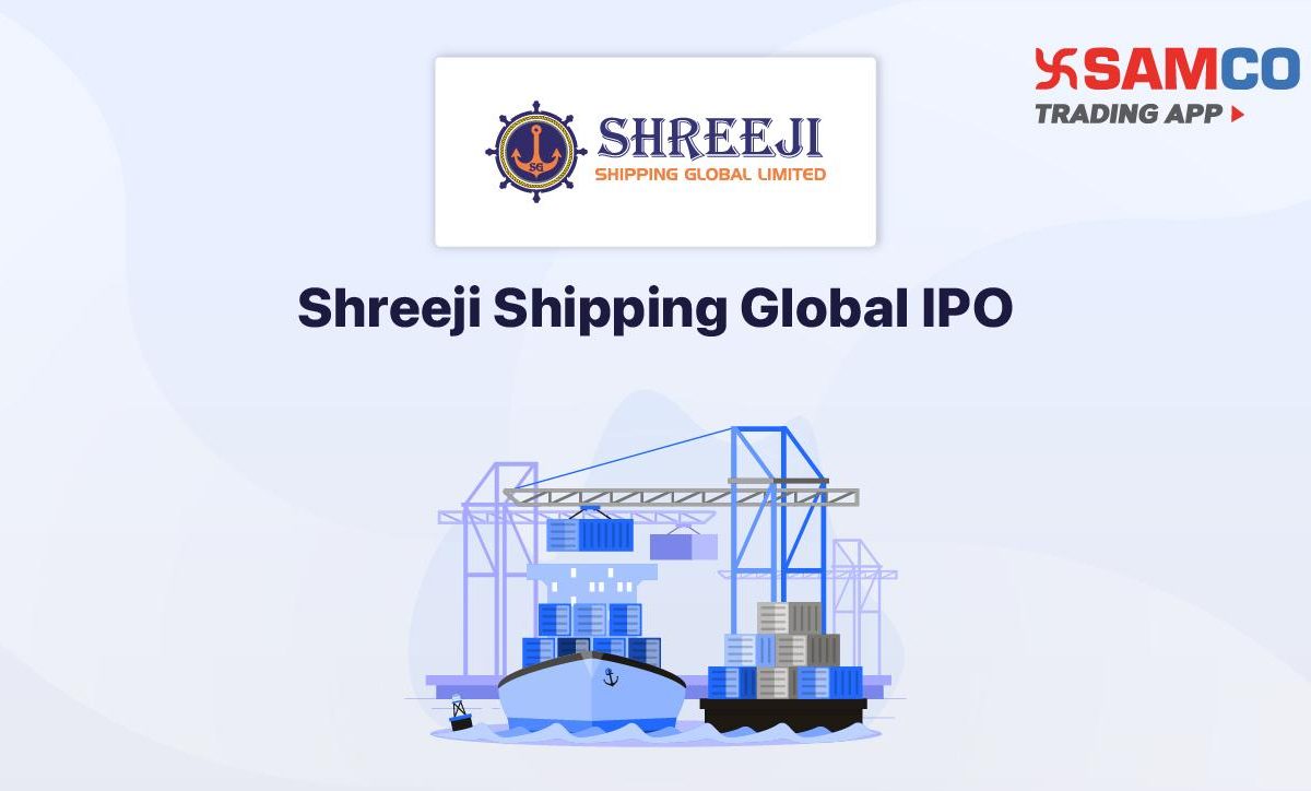 Shreeji Shipping Global IPO announcement banner, featuring the company logo, company name, and a design vector.