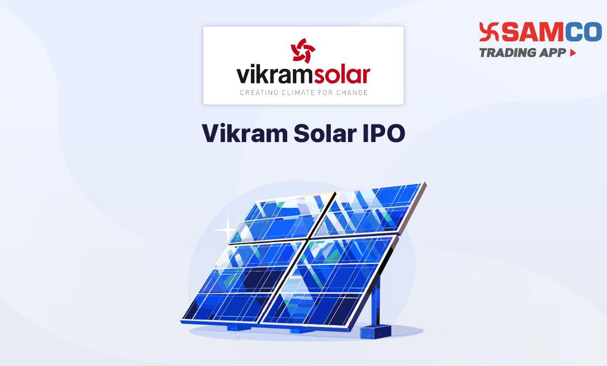 Vikram Solar IPO announcement banner, featuring the company logo, company name, and a design vector.