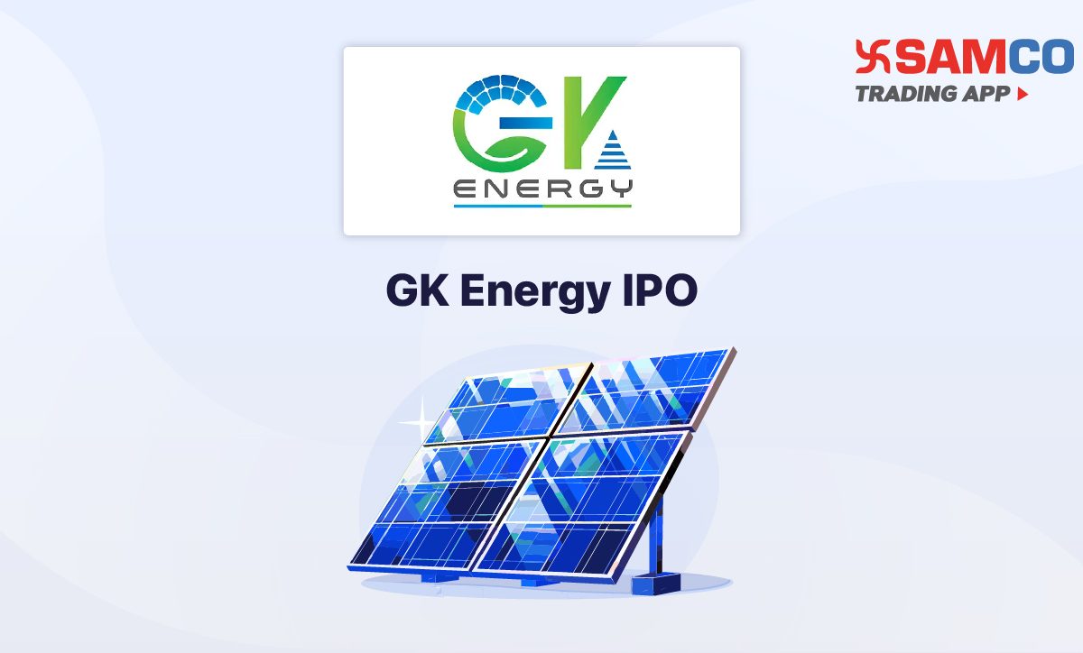 GK Energy IPO announcement banner, featuring the company logo, company name, and a design vector.