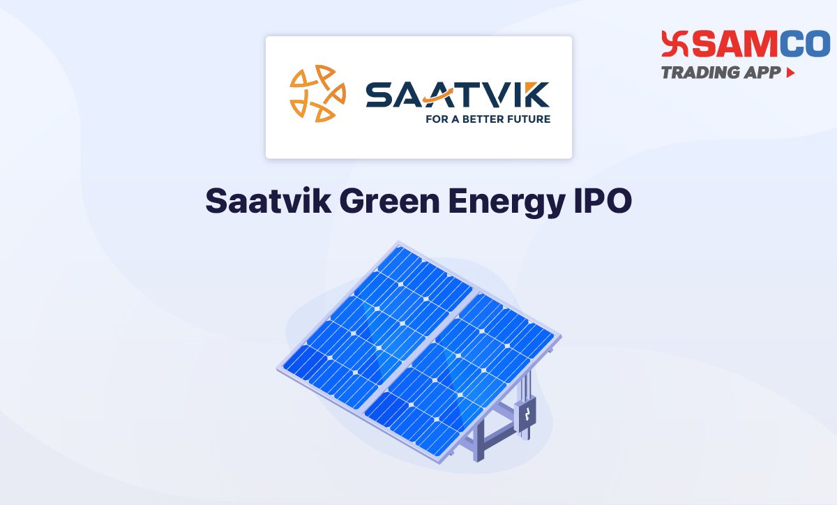 Saatvik Green Energy IPO announcement banner, featuring the company logo, company name, and a design vector.