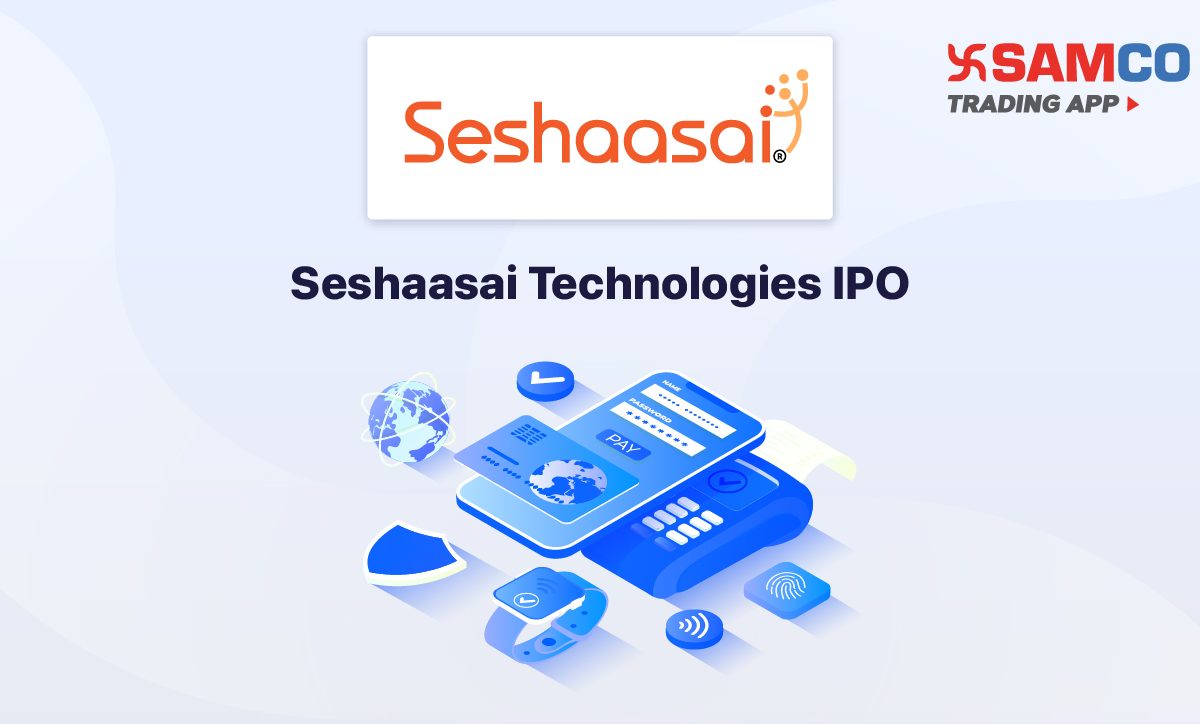 Seshaasai Technologies IPO announcement banner, featuring the company logo, company name, and a design vector.