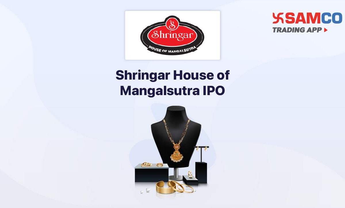 Shringar House of Mangalsutra IPO announcement banner, featuring the company logo, company name, and a design vector.
