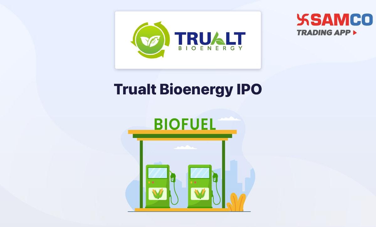 Trualt Bioenergy IPO announcement banner, featuring the company logo, company name, and a design vector.