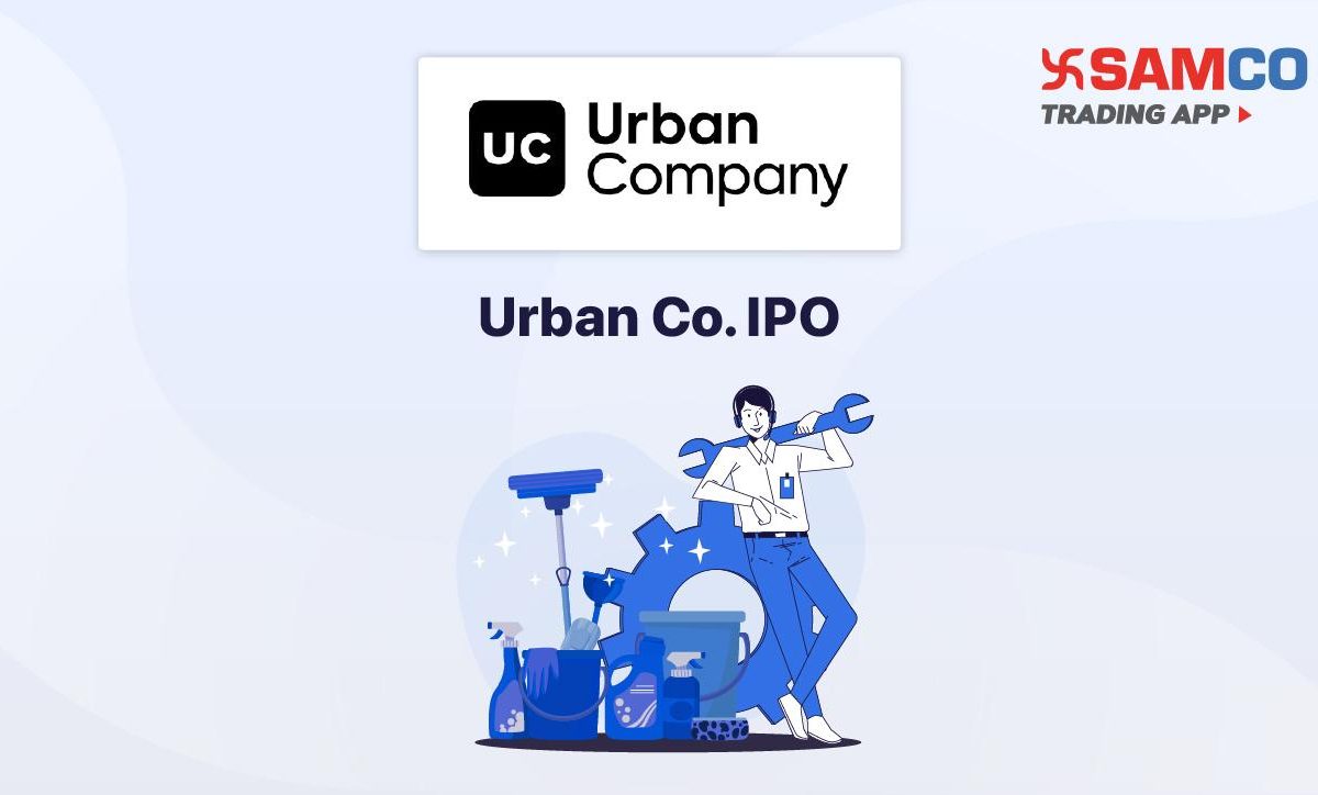 Urban Company IPO announcement banner, featuring the company logo, company name, and a design vector.