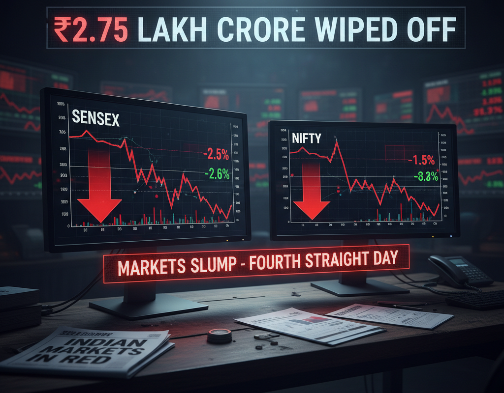 Sensex and Nifty News: Markets Slump for Fourth Straight Day, ₹2.75 Lakh Crore Wiped Off